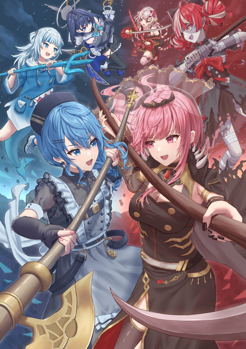 6+girls absurdres animal_hood axe bangs black_dress black_gloves black_nails black_sleeves black_thighhighs blue_eyes blue_hair blue_nails blush breasts cleavage detached_sleeves dress elbow_gloves fingerless_gloves fish_tail gawr_gura gloves hair_between_eyes hair_ornament highres holding holding_axe holding_scythe holding_sword holding_trident holding_weapon hololive hololive_english hololive_indonesia hood hoshimachi_suisei kureiji_ollie large_breasts long_hair long_sleeves mori_calliope multicolored_hair multiple_girls nail_polish nakiri_ayame open_mouth ouro_kronii polearm scythe shark_girl shark_hood shark_tail simoumi_217 single_sleeve single_thighhigh smile streaked_hair sword tail thighhighs trident virtual_youtuber weapon zombie