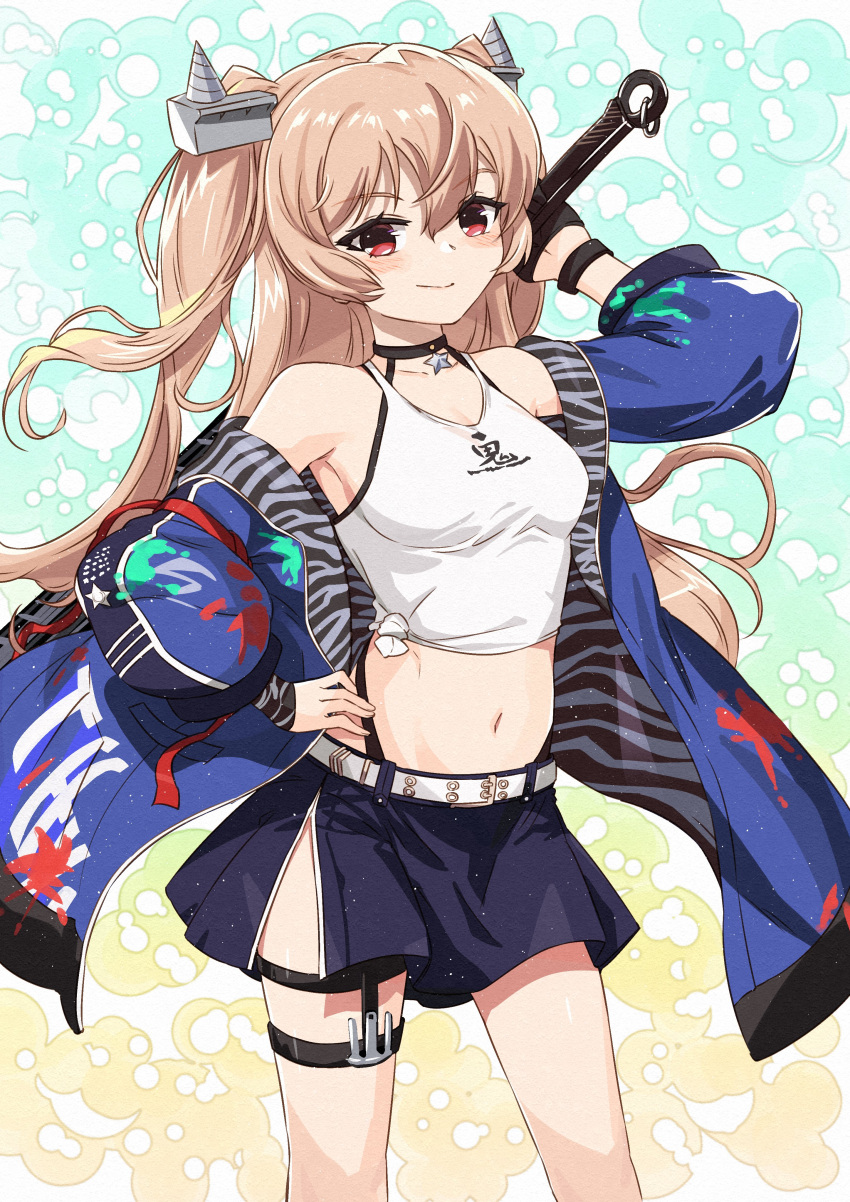 1girl absurdres bangs belt black_choker black_skirt blue_jacket blush choker closed_mouth clothes_writing club_(weapon) collarbone commentary fake_horns feet_out_of_frame hair_between_eyes hand_on_hip highres holding holding_weapon horns jacket johnston_(kancolle) kanabou kanmiya_shinobu kantai_collection light_brown_hair long_hair long_sleeves official_alternate_costume open_clothes open_jacket red_eyes skirt smile solo star_(symbol) tank_top thigh_strap two_side_up weapon white_belt white_tank_top