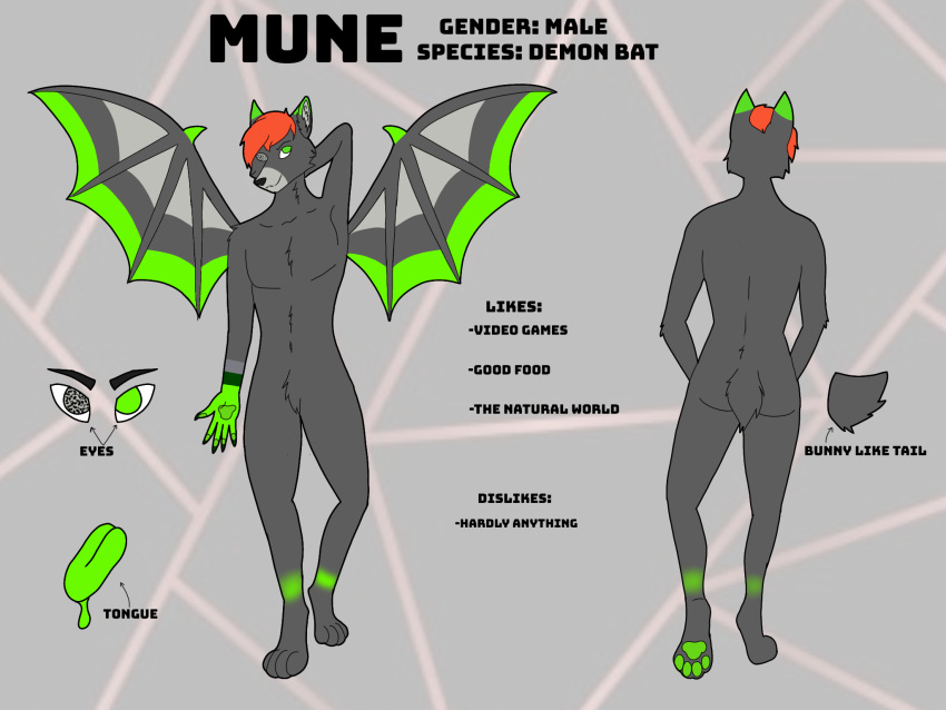 anthro bat demon fur green_body green_fur green_tongue grey_body grey_fur hair hi_res male mammal model_sheet multicolored_body multicolored_fur munetenma pawpads pteropodid red_hair solo static_eye tongue toxic_tragedy wings