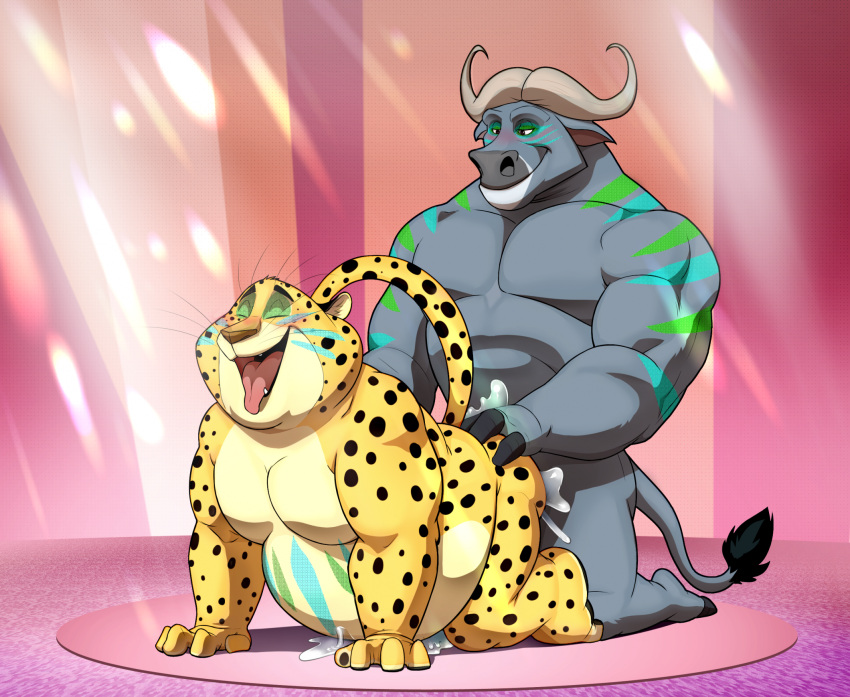 anal anthro benjamin_clawhauser bodily_fluids bodypaint bovid bovine cheetah chief_bogo disney duo felid feline hi_res male male/male mammal overweight seyrmo true_buffalo water_buffalo zootopia