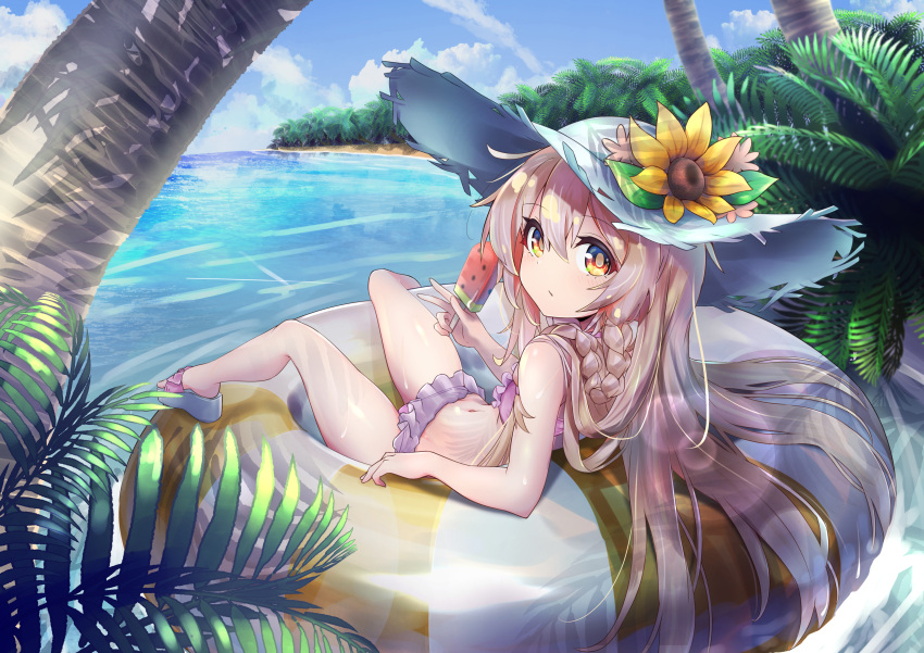 1girl absurdres bangs bare_arms bare_legs bare_shoulders beach bikini blonde_hair blue_sky braid cloud commentary day flip-flops flower food frilled_bikini frills full_body hair_between_eyes hair_spread_out hat hat_flower highres innertube long_hair looking_at_viewer massan12nakajo navel onii-chan_wa_oshimai! orange_hair outdoors oyama_mahiro palm_tree pink_bikini platform_footwear popsicle sandals sky solo sun_hat swimsuit tree water watermelon_bar