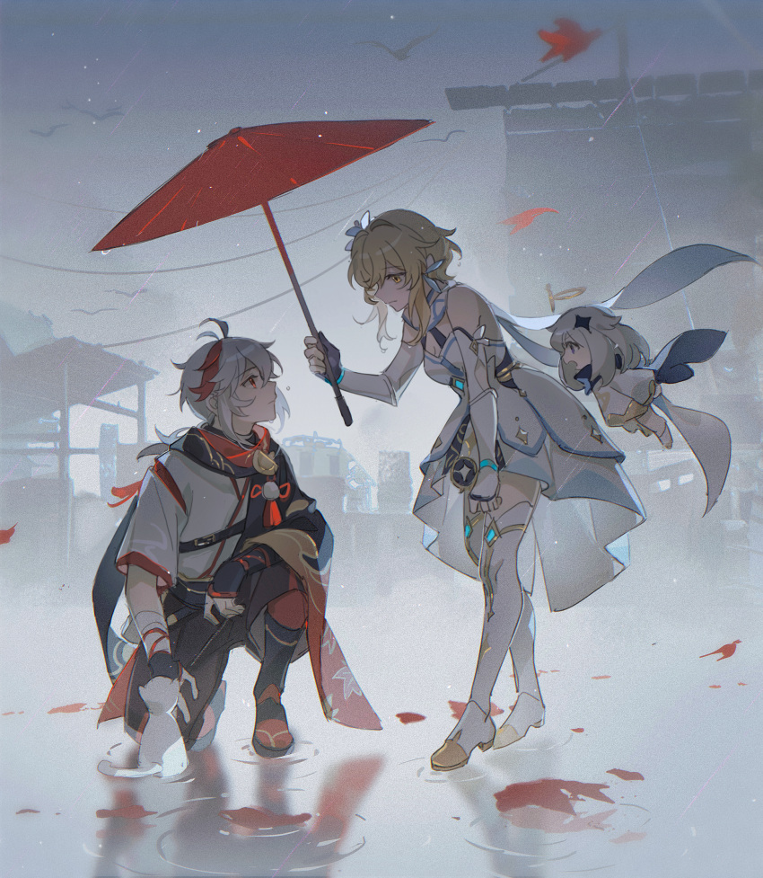 1boy 2girls antenna_hair bandaged_arm bandaged_hand bandages bangs bird black_cape black_gloves black_scarf blonde_hair boots cape cat chinese_commentary closed_mouth cloud cloudy_sky commentary_request detached_sleeves dress feather_hair_ornament feathers flower flying full_body genshin_impact gloves gold_trim hair_between_eyes hair_flower hair_ornament hakama hakama_shorts halo hand_up haori highres holding holding_umbrella jacket japanese_clothes kaedehara_kazuha kimono leaf_print leaning_forward long_sleeves looking_at_another looking_up low_ponytail lumine_(genshin_impact) maple_leaf_print medium_hair menglin393 multicolored_hair multiple_girls oil-paper_umbrella one_knee outdoors overcast paimon_(genshin_impact) pantyhose partially_fingerless_gloves pom_pom_(clothes) ponytail profile rain red_eyes red_hair red_pantyhose red_scarf red_umbrella sandals scarf short_hair short_hair_with_long_locks short_sleeves shorts sidelocks sky sleeveless sleeveless_dress standing streaked_hair tassel thigh_boots umbrella vambraces water white_cape white_cat white_dress white_flower white_footwear white_hair white_kimono wide_sleeves yellow_eyes
