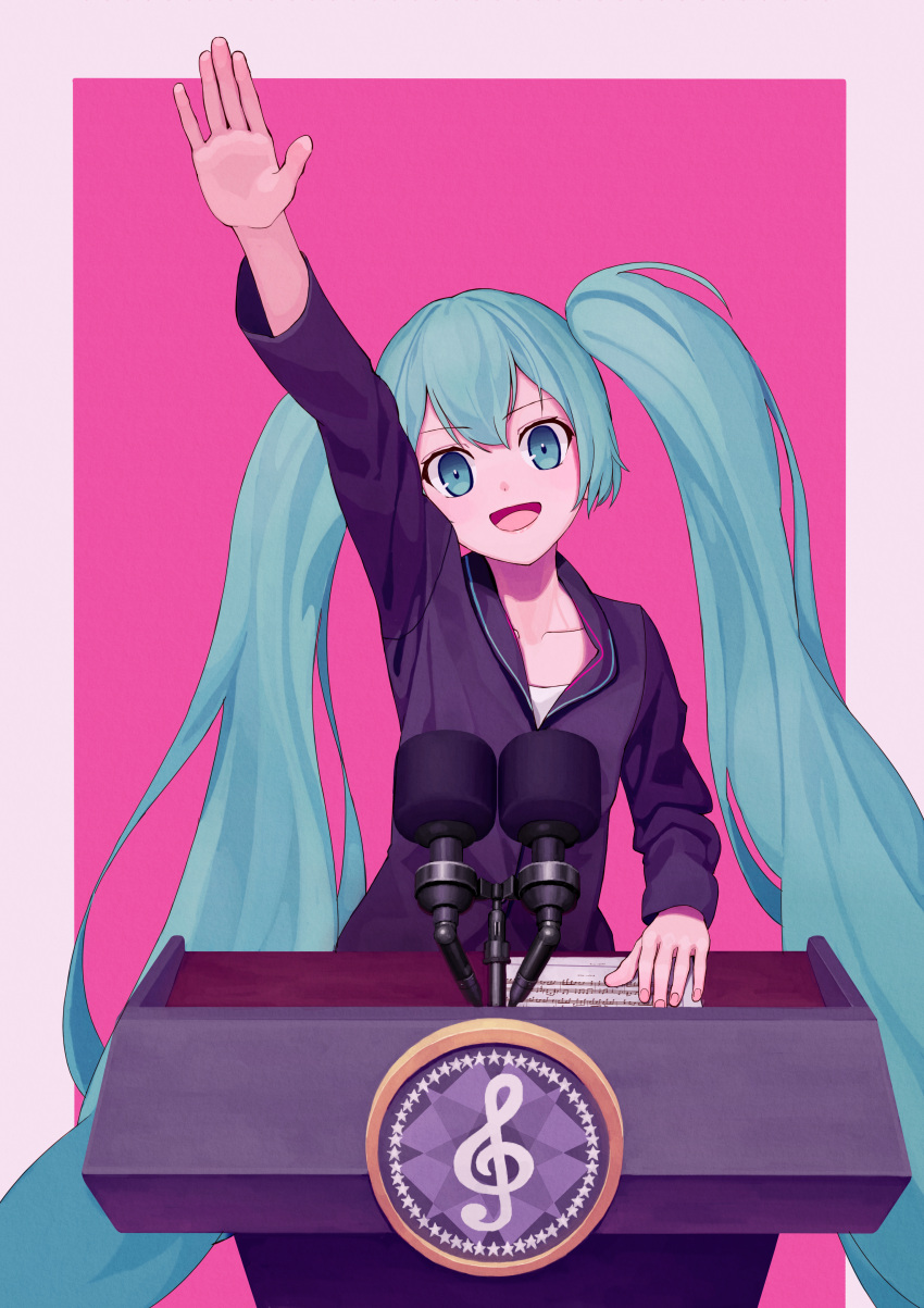 1girl absurdres aqua_eyes aqua_hair arm_up black_dress black_jacket blue_eyes blue_hair collarbone dress hatsune_miku highres jacket lectern long_hair looking_at_viewer microphone musical_note open_mouth partially_unzipped pink_background pink_nails s'il_vous_president sheet_music shirt simple_background smile solo turu twintails very_long_hair vocaloid white_shirt