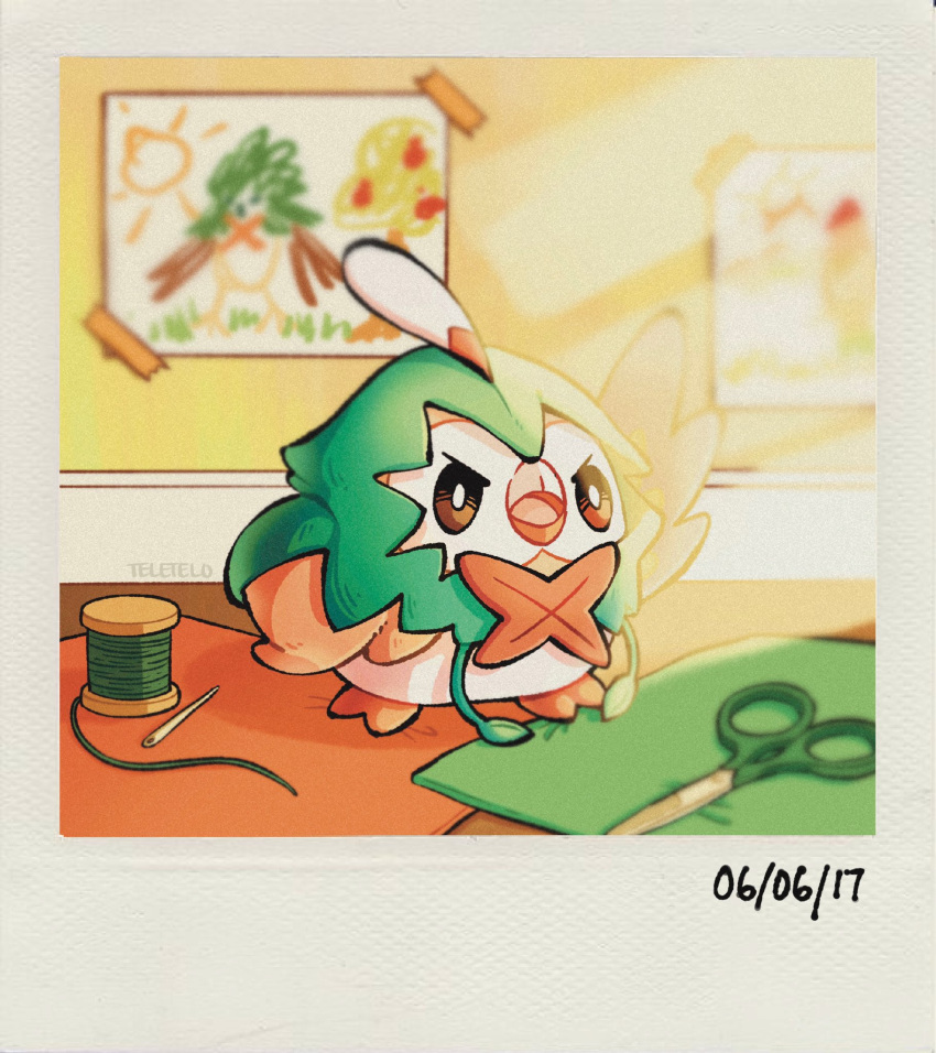 arm_up artist_name brown_eyes child's_drawing cosplay decidueye decidueye_(cosplay) highres indoors needle no_humans open_mouth pokemon pokemon_(creature) rowlet scissors sewing_needle standing teletelo watermark wings