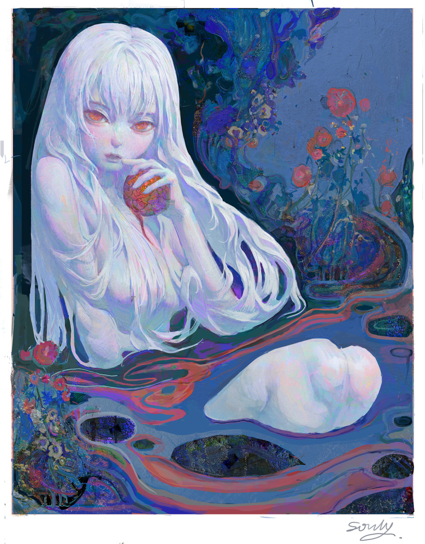 1girl abstract albino apple artist_name bangs border breasts colored_skin convenient_censoring finger_to_mouth flower food fruit hair_censor hand_up highres holding holding_food holding_fruit long_hair looking_at_viewer nude original parted_lips red_apple red_eyes red_flower signature sitting solo souly white_border white_hair white_skin