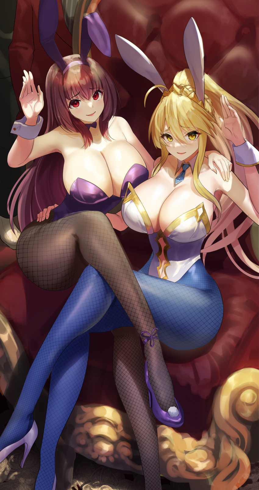 2girls absurdres ahoge animal_ears artoria_pendragon_(fate) artoria_pendragon_(swimsuit_ruler)_(fate) bangs bare_shoulders blonde_hair blue_pantyhose blush braid breasts cleavage clothing_cutout detached_collar fake_animal_ears fate/grand_order fate_(series) fishnet_pantyhose fishnets french_braid gold_trim green_eyes hair_between_eyes high_heels highleg highleg_leotard highres large_breasts leotard long_hair looking_at_viewer multiple_girls muunyan_(yumenekoya) navel navel_cutout necktie open_mouth pantyhose playboy_bunny ponytail purple_hair purple_leotard rabbit_ears red_eyes scathach_(fate) scathach_(piercing_bunny)_(fate) sidelocks sitting smile thighs tiara white_leotard wrist_cuffs