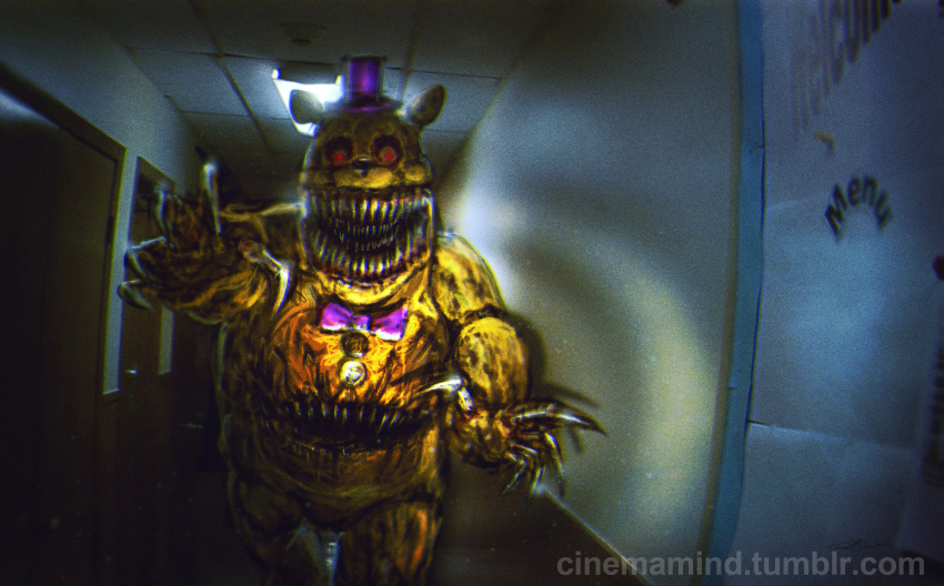 animal_ears artist_name bear_ears bow bowtie ceiling_light cinemamind claws commentary dark door english_commentary extra_mouth five_nights_at_freddy's five_nights_at_freddy's_4 flashlight_beam fredbear_(fnaf) hallway hat highres horror_(theme) indoors light_particles looking_at_viewer mini_hat mini_top_hat nightmare_fredbear open_mouth purple_bow purple_bowtie purple_headwear red_eyes robot sharp_teeth teeth top_hat tumblr_username web_address