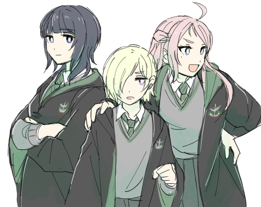 3girls ahoge annoyed asaka_karin bangs behind_another black_hair blonde_hair blue_eyes blunt_bangs closed_mouth commentary_request crossed_arms earclip hand_on_another's_shoulder hand_on_hip harry_potter_(series) highres hogwarts_school_uniform long_hair looking_at_viewer looking_to_the_side love_live! love_live!_nijigasaki_high_school_idol_club medium_hair mia_taylor mole mole_under_eye multiple_girls one_eye_closed open_mouth pink_hair purple_eyes school_uniform short_hair sidelocks sketch slytherin smile solllolll two_side_up white_background zhong_lanzhu