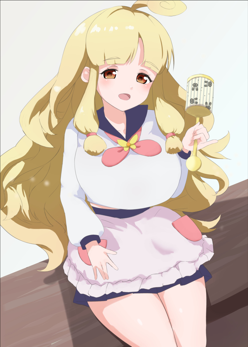 1girl absurdres bangs blonde_hair clenched_hand cygames from_above hahajima_fuwari_(shadowverse_flame) hand_on_own_thigh highres long_bangs long_hair looking_at_viewer orange_eyes pink_skirt pocket ribbon sailor_collar sailor_shirt shadowverse shadowverse_(anime) shadowverse_flame shirt sitting_on_bench skirt smile thighs wavy_hair