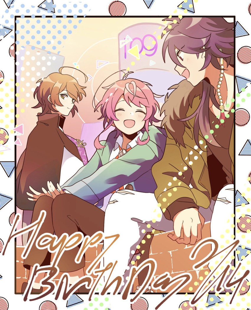 3boys ahoge amemura_ramuda androgynous arisugawa_dice brown_hair closed_eyes facing_another fling_posse green_eyes hakuuyori happy_birthday highres hypnosis_mic looking_at_another male_focus multiple_boys open_mouth pink_hair purple_eyes purple_hair smile yumeno_gentarou