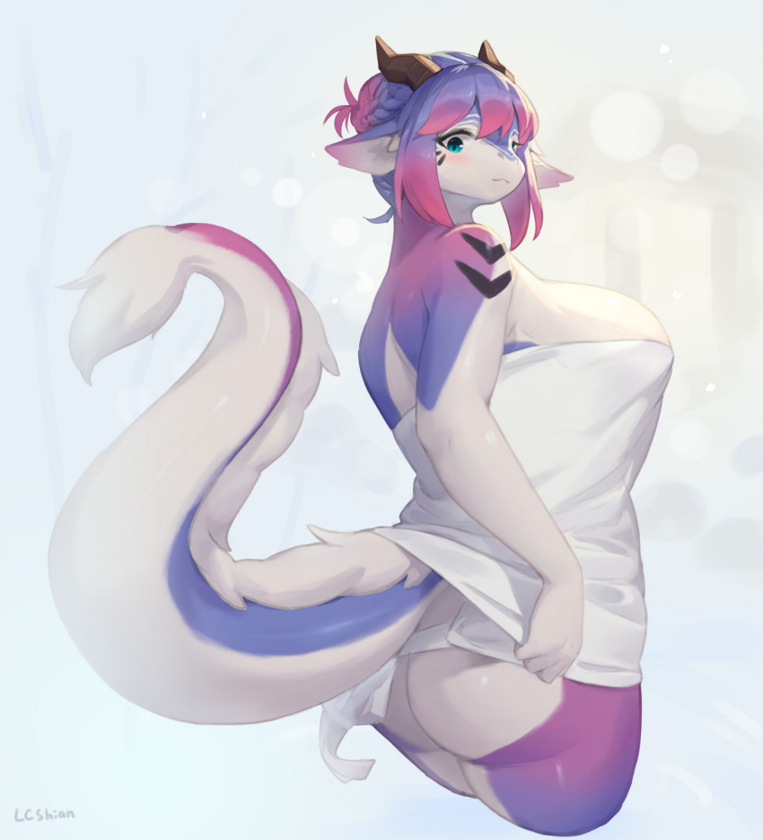 anthro big_breasts blue_eyes blush breasts butt dragon female female_anthro fur hair hi_res horn lanya_(shian) purple_hair scalie shian simple_background solo towel white_background