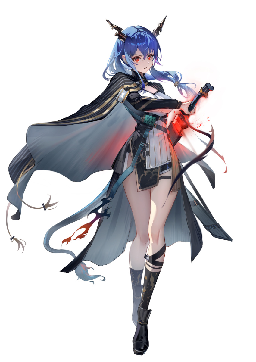 1girl absurdres alternate_costume arknights bangs bilibilida black_cape black_dress black_footwear black_socks blue_hair cape ch'en_(arknights) commentary_request dragon_horns dragon_tail dress full_body highres holding holding_sword holding_weapon horns long_hair long_sleeves looking_at_viewer parted_lips red_eyes rhodes_island_logo sheath shin_strap side_slit simple_background socks solo sword tail thigh_strap two-tone_dress unsheathing weapon white_background white_dress