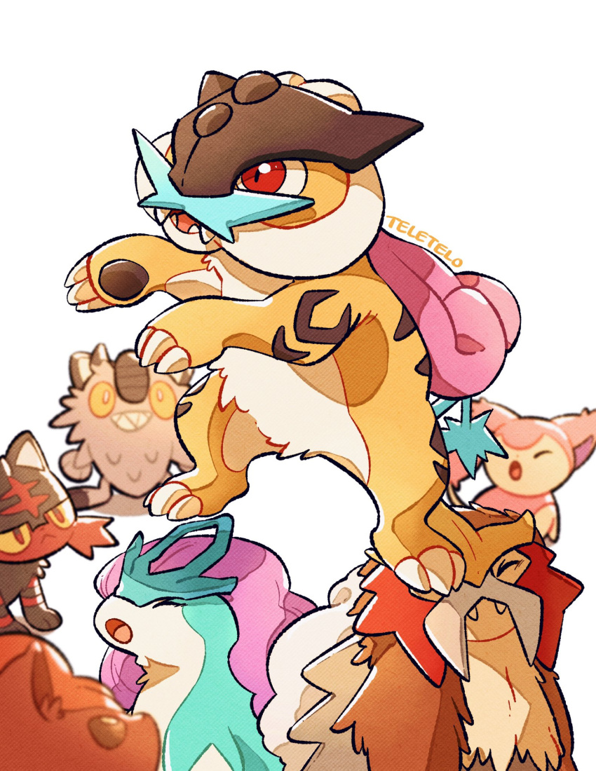 :&lt; :o alternate_size artist_name blurry blurry_background blurry_foreground closed_eyes entei fangs galarian_meowth grin highres litten no_humans open_mouth pokemon pokemon_(creature) raikou red_eyes simple_background skitty smile solo_focus standing_on_another's_head suicune teeth teletelo vulpix white_background