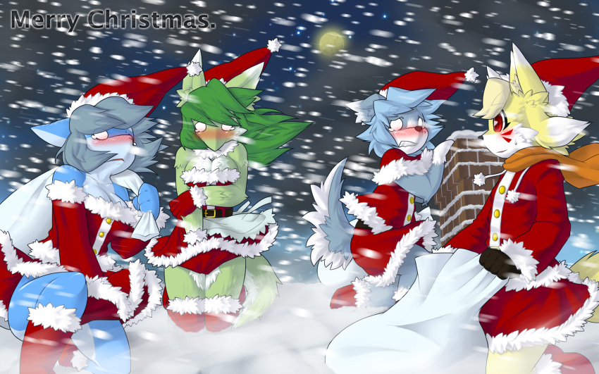 4girls animal_ear_fluff animal_ears animal_nose apron bangs bare_shoulders belt blonde_hair blue_fur blue_hair blue_skin blush body_fur boots breasts buttons capelet chimney christmas cleavage clenched_teeth clothes_lift cold collarbone colored_skin commentary_request drawstring english_text fang flat_chest fox_ears fox_girl from_side full_body full_moon fur-trimmed_capelet fur-trimmed_footwear fur-trimmed_gloves fur-trimmed_headwear fur-trimmed_shirt fur-trimmed_skirt fur-trimmed_sleeves fur_collar fur_trim furry furry_female gloves green_fur green_hair hands_up hat highres holding holding_own_arm holding_sack kame_(3t) knee_boots kneeling long_hair long_sleeves looking_at_another medium_breasts merry_christmas miniskirt moon motion_blur multicolored_skin multiple_girls night nose_blush o_o one_knee open_mouth orange_scarf original outdoors pom_pom_(clothes) profile raised_eyebrows red_capelet red_eyes red_footwear red_gloves red_headwear red_shirt red_skirt rooftop sack santa_costume santa_hat scales scarf shirt shoes short_hair sidelocks sideways_mouth skirt skirt_lift skirt_tug slit_pupils snot snout snow snowing snowstorm star_(sky) straight-on strapless strapless_shirt sweat swept_bangs tail teeth thigh_boots thighs two-tone_fur two-tone_skin waist_apron white_apron white_eyes white_fur wide-eyed wind wind_lift wolf_ears wolf_girl wolf_tail yellow_fur