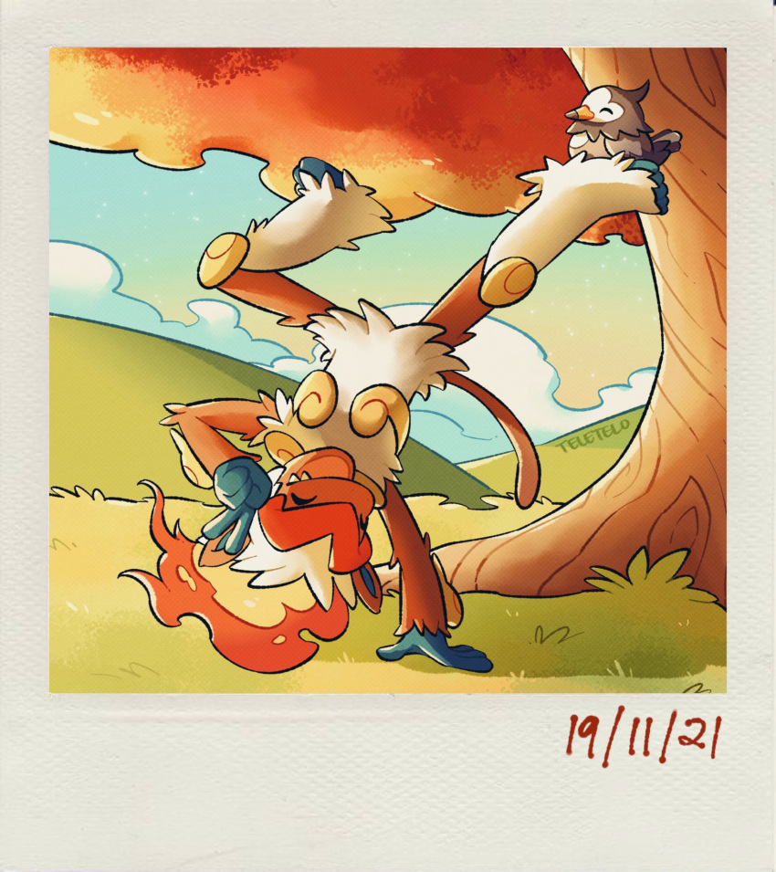 :d artist_name black_eyes cloud commentary dated grass handstand happy highres hill infernape one_arm_handstand outdoors pokemon pokemon_(game) smile starly teeth teletelo tree