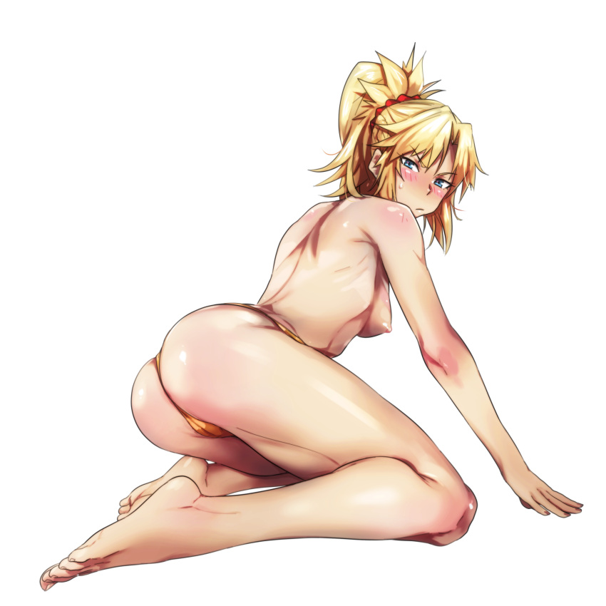 1girl ass barefoot blonde_hair blue_eyes blush breasts commentary fate/grand_order fate_(series) from_behind full_body hair_ornament hair_scrunchie highres kneeling looking_at_viewer looking_back medium_breasts mordred_(fate) mordred_(fate/apocrypha) nipples panties ponytail sbel02 scrunchie simple_background soles solo symbol-only_commentary topless underwear white_background yellow_panties