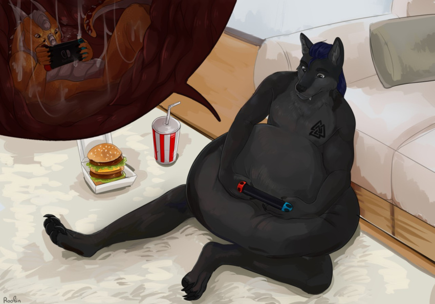 anthro belly big_belly black_body black_claws black_fur black_markings black_nose blue_hair burger canid chest_markings claws cutaway dragon duo food fur furniture gaming grey_body grey_eyes grey_fur hair holding_nintendo_switch horn huge_belly inside inside_stomach male mammal markings mouth_closed nintendo nintendo_switch nude orange_body orange_eyes pillow playing_videogame roobin scales scalie signature sitting sofa vore white_body white_horn white_scales