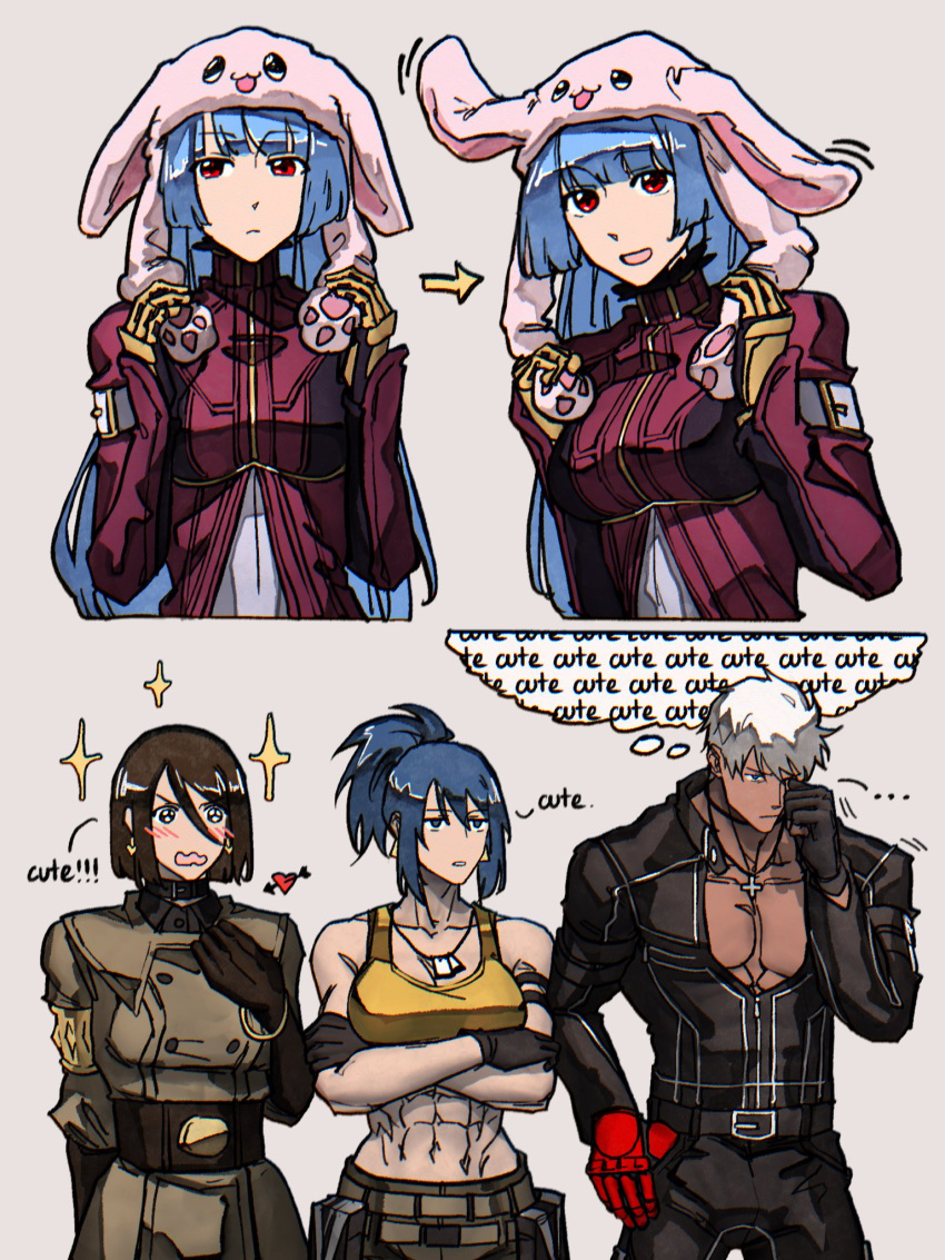 1boy 3girls abs animal_ears animal_hat blue_hair brown_hair bunny_hat gloves hat highres jacket k'_(kof) kula_diamond leather leather_gloves leather_jacket leona_heidern multiple_girls non-web_source rabbit_ears syachiiro the_king_of_fighters whip_(kof) white_hair