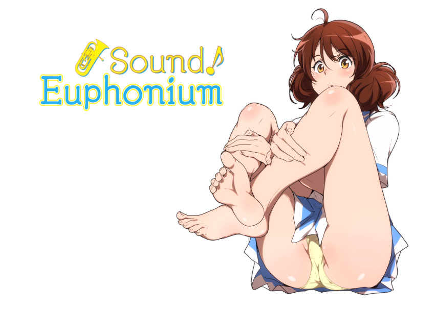 1girl ahoge ass bare_legs barefoot brown_hair closed_mouth commentary copyright_name crossed_ankles euphonium hair_between_eyes hand_on_own_leg hibike!_euphonium highres instrument legs_up looking_at_viewer medium_hair oumae_kumiko panties pleated_skirt sbel02 school_uniform serafuku shirt short_sleeves sitting skirt soles solo symbol-only_commentary transparent_background underwear white_shirt yellow_eyes yellow_panties