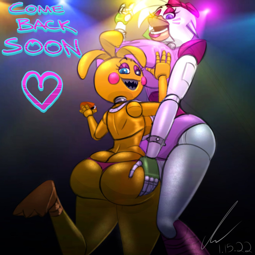 &lt;3 animatronic anthro avian beak beakless bib big_breasts big_butt bird black_sclera blue_eyes bow_ribbon bracelet breast_grab breasts butt butt_grab chicken clothing duo english_text eyelashes female female/female fingerless_gloves five_nights_at_freddy's five_nights_at_freddy's:_security_breach five_nights_at_freddy's_2 galliform gallus_(genus) glamrock_chica_(fnaf) gloves half-closed_eyes hand_on_breast hand_on_butt handwear heterochromia hi_res huge_breasts jewelry leotard looking_at_viewer looking_back machine narrowed_eyes non-mammal_breasts open_beak open_mouth phasianid pierump robot scottgames shoulder_blades text thick_thighs thong toy_chica_(fnaf) underwear white_body white_eyes wide_hips yellow_body