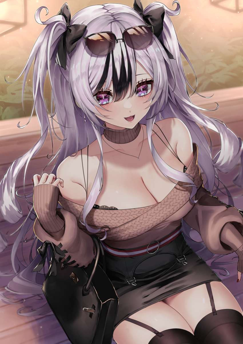 absurdres azur_lane black_bag black_bow black_bowtie black_thighhighs blurry bow bowtie bra bra_strap breasts bright_pupils brown_sweater collarbone depth_of_field detached_collar elbe_(azur_lane) elbe_(pure-hearted_bad_girl)_(azur_lane) eyewear_on_head garter_straps gradient_eyes highres jewelry lace-trimmed_bra lace_trim long_hair looking_at_viewer medium_breasts multicolored_eyes multicolored_hair nail_polish necklace off-shoulder_sweater off_shoulder official_alternate_costume on_bench open_mouth red_nails sidelocks sitting sweater thighhighs trtrpnk underwear uwu white_hair