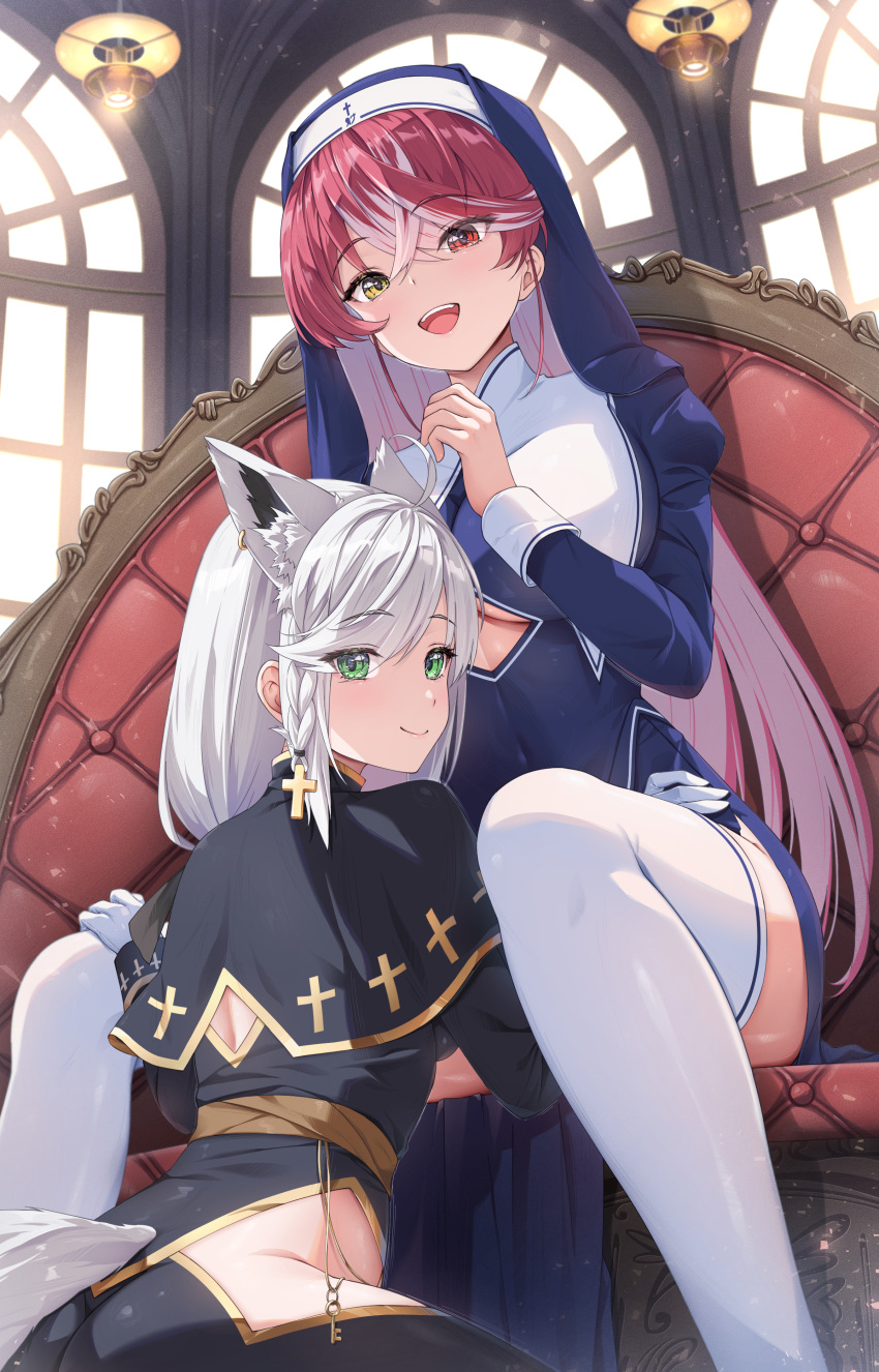 2girls absurdres ahoge animal_ear_fluff animal_ears bangs blush braid breasts closed_mouth clothing_cutout colored_inner_hair couch ear_piercing earrings fox_ears fox_girl fox_tail green_eyes habit heterochromia highres hololive houshou_marine iroha_(unyun) jewelry large_breasts long_hair long_sleeves multicolored_hair multiple_girls nun on_couch open_mouth piercing priest red_eyes red_hair ribbon shirakami_fubuki single_braid single_earring sitting streaked_hair swept_bangs tail thighhighs twintails underboob underboob_cutout virtual_youtuber white_hair white_thighhighs yellow_eyes