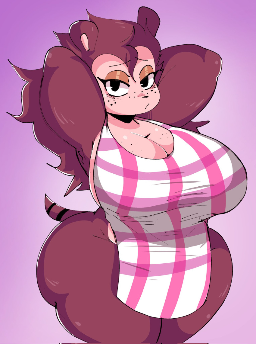 animal_crossing anthro apron apron_only big_breasts black_eyes breasts clothing eulipotyphlan female half-closed_eyes hands_behind_head hedgehog hi_res huge_breasts huge_hips huge_thighs lewd_dorky looking_at_viewer mammal mostly_nude multicolored_body narrowed_eyes nintendo sable_able solo thick_thighs two_tone_body wide_hips