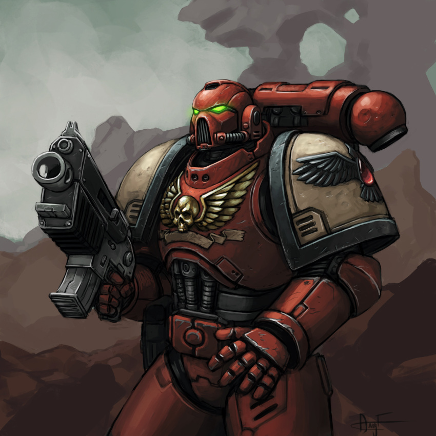 1boy absurdres adeptus_astartes armor blood_drop blood_ravens blue_sky bolter cloud cloudy_sky fonteart green_eyes gun helmet highres holding holding_gun holding_weapon outdoors pauldrons power_armor shoulder_armor signature skull_ornament sky solo space_marine upper_body warhammer_40k weapon