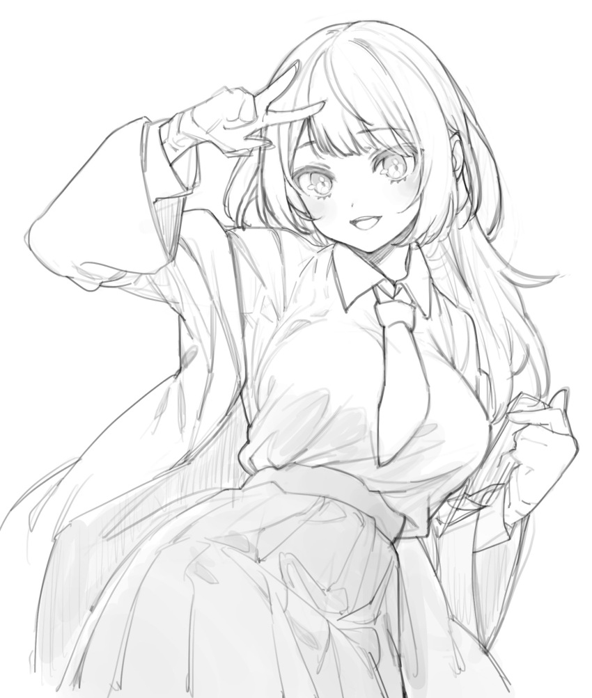 1girl breasts collared_shirt greyscale hair_behind_ear highres jacket leaning_to_the_side long_hair looking_at_viewer medium_breasts monochrome necktie nosir_onadat open_mouth original pleated_skirt shirt shirt_tucked_in skirt solo v