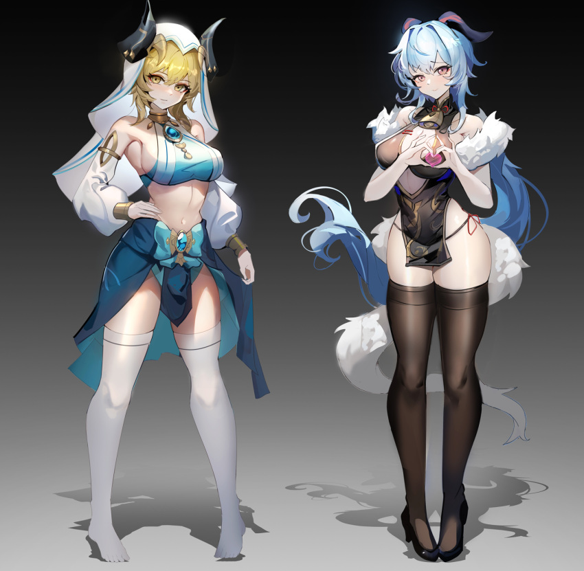 2girls alternate_costume alternate_eye_color bare_shoulders bell black_background black_thighhighs blonde_hair blue_bow blue_gemstone blue_hair blue_skirt bow bracer breasts brooch brown_eyes china_dress chinese_clothes closed_mouth cosplay crop_top detached_sleeves dress fake_horns full_body ganyu_(genshin_impact) gem genshin_impact gradient_background hand_on_hip harem_outfit heart heart_hands highres horns jewelry kuroha_(rockluo213) large_breasts long_hair long_sleeves looking_at_viewer low_ponytail lumine_(genshin_impact) medium_breasts multiple_girls navel neck_bell neck_ring nilou_(genshin_impact) nilou_(genshin_impact)_(cosplay) no_shoes pelvic_curtain puffy_long_sleeves puffy_sleeves raised_eyebrows short_dress short_hair_with_long_locks skirt solo stomach thighhighs thighs veil very_long_hair wavy_hair white_headwear white_sleeves white_thighhighs yellow_eyes
