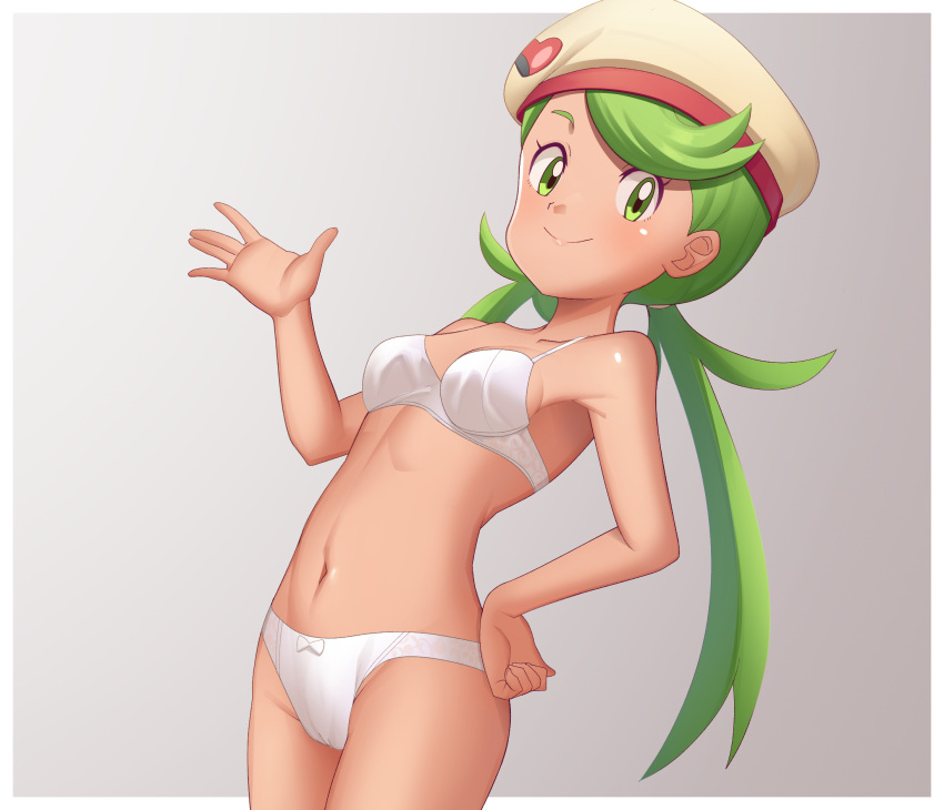 1girl bangs border bra breasts chef_hat closed_mouth commentary_request cowboy_shot gazing_eye green_eyes green_hair grey_background hand_on_hip hand_up hat highres long_hair looking_at_viewer mallow_(palentine's_2023)_(pokemon) mallow_(pokemon) navel official_alternate_costume panties pokemon pokemon_(game) pokemon_masters_ex smile solo swept_bangs twintails underwear white_border white_bra white_panties