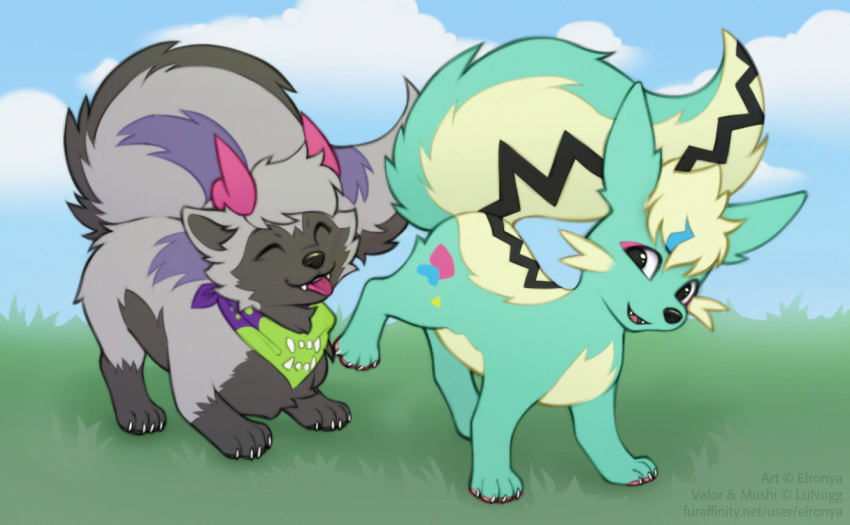 duo elronya fan_character generation_3_pokemon generation_4_pokemon generation_5_pokemon happy hybrid male mushi nintendo outside playing pokemon pokemon_(species) poochyena stunky trubbish