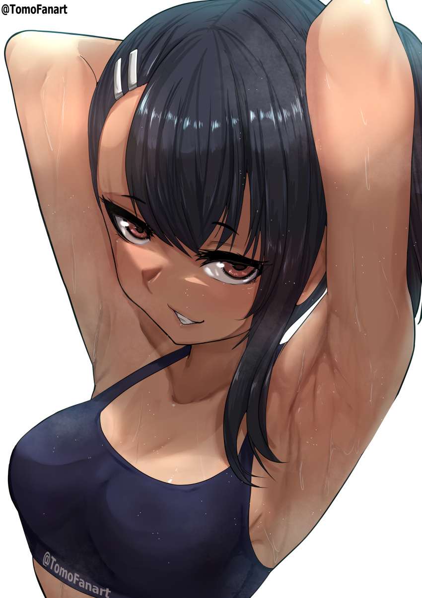 1girl absurdres armpits arms_up bangs black_hair breasts collarbone dark-skinned_female dark_skin from_above hair_ornament hairclip highres ijiranaide_nagatoro-san looking_at_viewer looking_up medium_breasts nagatoro_hayase red_eyes shadow simple_background single_sidelock smile sports_bra sweat tan teeth tomodachi_(tomofanart) twitter_username upper_body wet white_background