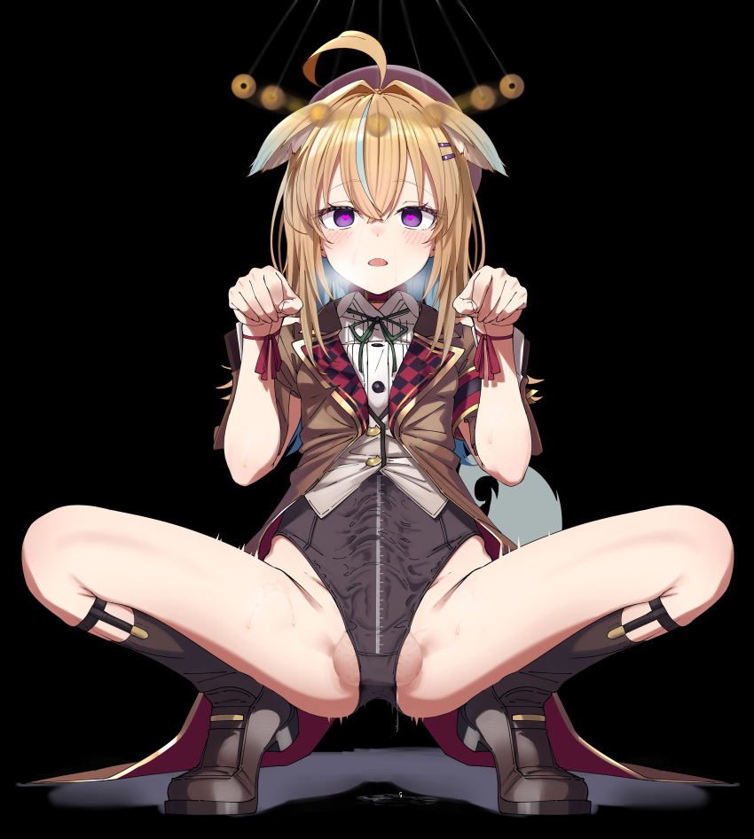 1boy absurdres ahoge animal_ears bangs blonde_hair blush boots breath coin dog_ears dog_tail hair_ornament hairclip hat heart heart-shaped_pupils highres hypnosis jacket large_penis leotard leotard_under_clothes mind_control multicolored_hair open_mouth otoko_no_ko paw_pose penis penis_measuring penis_under_clothing purple_eyes ruler shinomu_(cinomoon) shinsougumi shitagai_nora solo spread_legs squatting sweat symbol-shaped_pupils tail testicles virtual_youtuber