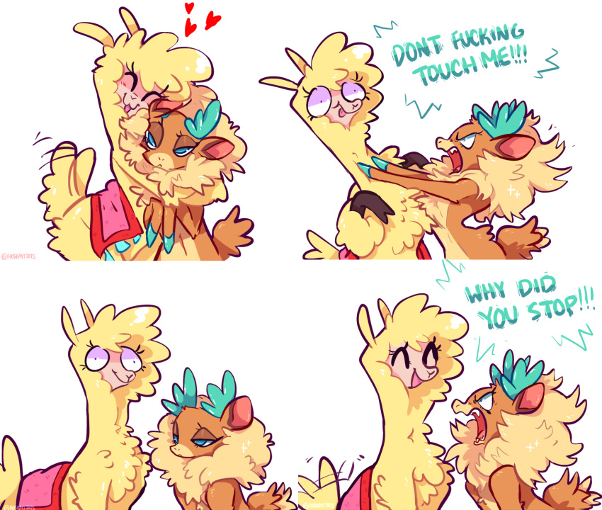 &lt;3 2021 4_panel_comic alpaca angry antlers blue_antlers blue_eyes blue_hooves blush brown_body brown_fur brown_hooves camelid capreoline chest_tuft comic deer digital_media_(artwork) duo embrace eyes_closed female female/female feral fluffy fluffy_chest frown fur happy hi_res hooves horn hoshmyposhes hug mammal multicolored_body multicolored_fur open_mouth paprika_paca_(tfh) profanity pupils pushing_away reindeer simple_background small_pupils smile tail tail_motion tan_body tan_fur them's_fightin'_herds tongue tongue_out tsundere tuft two_tone_body two_tone_fur velvet_reindeer_(tfh) white_background wool_(fur) yellow_body yellow_fur