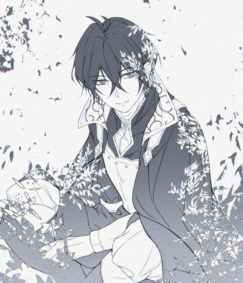 1boy akagami_no_shirayukihime antenna_hair bangs cloak closed_mouth crossed_bangs earrings feet_out_of_frame greyscale highres hisame_lugis jewelry knees_up long_sleeves looking_at_viewer male_focus monochrome ourei_(nemushiro16) pants short_hair simple_background sitting smile solo unmoving_pattern