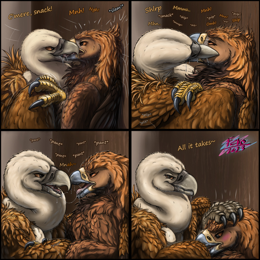 absurd_res accipitrid accipitriform avian beak bird blush bodily_fluids corruption dialogue dominant drooling eagle eye_contact eye_roll feral ferobird forced golden_eagle griffon_vulture grinning_at_viewer half-closed_eyes hi_res kissing looking_at_another male male/male narrowed_eyes naughty_smile old_world_vulture pinned saliva sawyer_(ferobird) sound_effects talons text true_eagle vulture