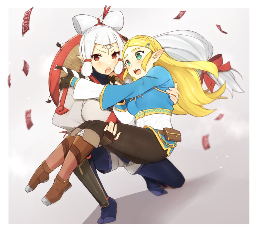 2girls :o bangs black_pants blonde_hair blurry blurry_background blush braid breasts brown_gloves brown_pants carrying eye_symbol facial_mark fingerless_gloves forehead_mark gloves green_eyes hair_ornament hairclip highres holding hyrule_warriors:_age_of_calamity impa large_breasts long_hair multiple_girls one_knee open_mouth pants pantyhose pointy_ears princess_carry princess_zelda red_eyes sheikah shorts teeth the_legend_of_zelda the_legend_of_zelda:_breath_of_the_wild ttanuu. upper_teeth_only white_hair