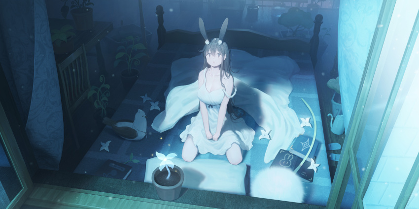 1girl absurdres animal_ears bed bed_sheet bird book breasts brown_hair cleavage flower highres large_breasts long_hair moonlight night nightgown original parted_lips plant potted_plant rabbit_ears rabbit_girl seiza sitting slippers solo strap_slip table window wooden_chair yao_ren_gui