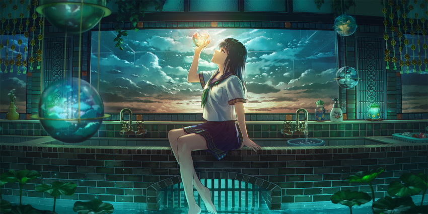 1girl bangs black_hair blue_sailor_collar blue_skirt bucket commentary_request faucet green_neckerchief highres holding jar medium_hair neckerchief orb original plant pleated_skirt sailor_collar scenery school_uniform serafuku sink sitting skirt solo sugi87 water window