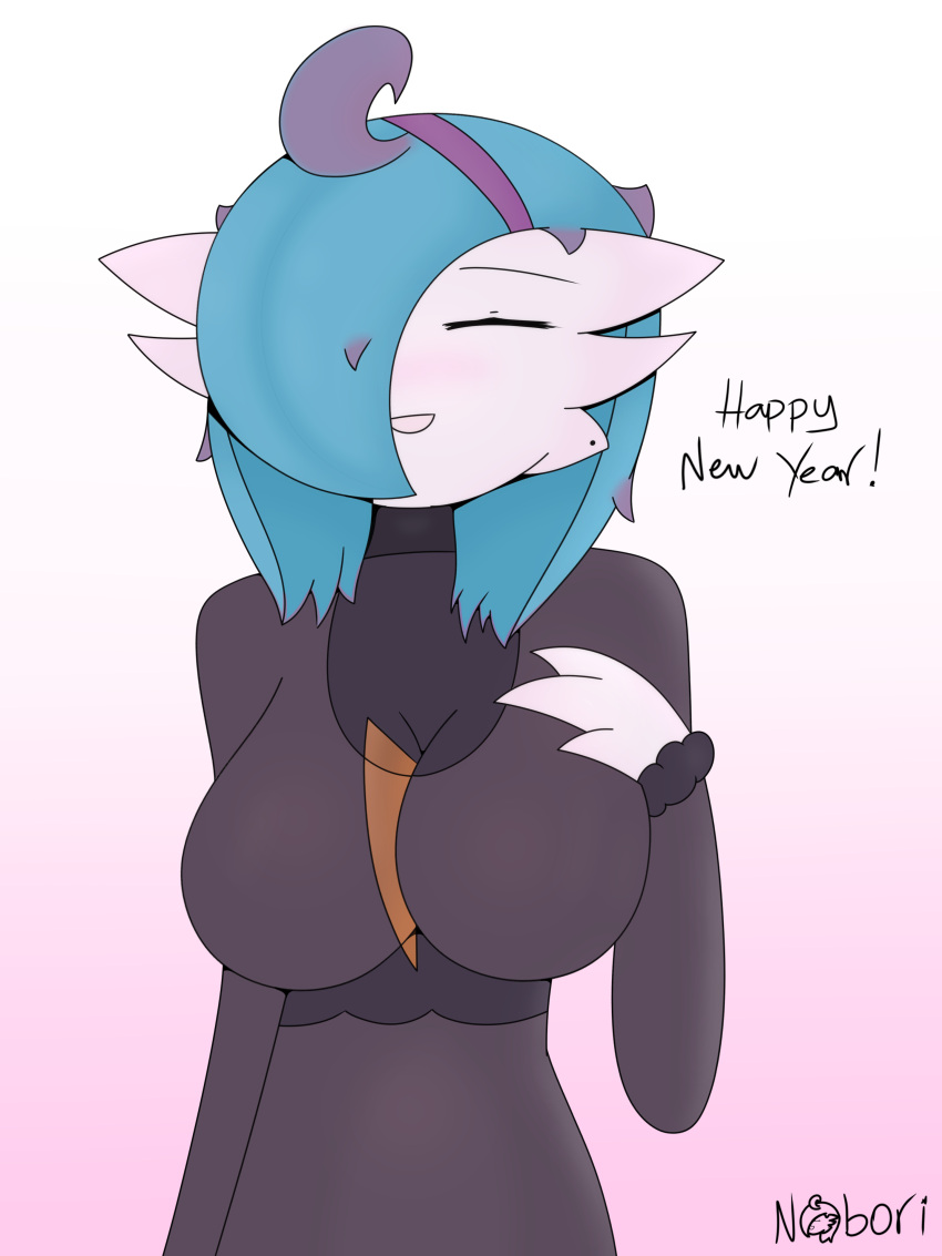 2022 3_fingers absurd_res accessory ahoge big_breasts blue_hair breasts clothed clothing cosplay devoid_(nobori) dialogue english_text eyes_closed female fingers gardevoir generation_3_pokemon hair hair_accessory hairband hand_over_breast happy hex_maniac hi_res holidays humanoid new_year nintendo nobori not_furry pokemon pokemon_(species) shiny_pokemon signature simple_background solo text white_background