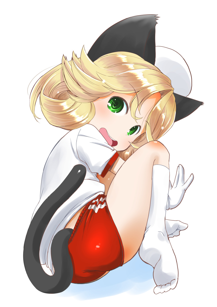 1girl absurdres alternate_costume animal_ears bangs blonde_hair blue_eyes buruma cat_ears cat_tail fetal_position gym_shirt gym_uniform hat highres janus_(kancolle) kantai_collection looking_at_viewer lying on_side one-hour_drawing_challenge open_mouth parted_bangs red_buruma sailor_hat shirt short_hair short_sleeves simple_background smile socks solo t-shirt tail taisinkoku white_background white_headwear white_shirt white_socks