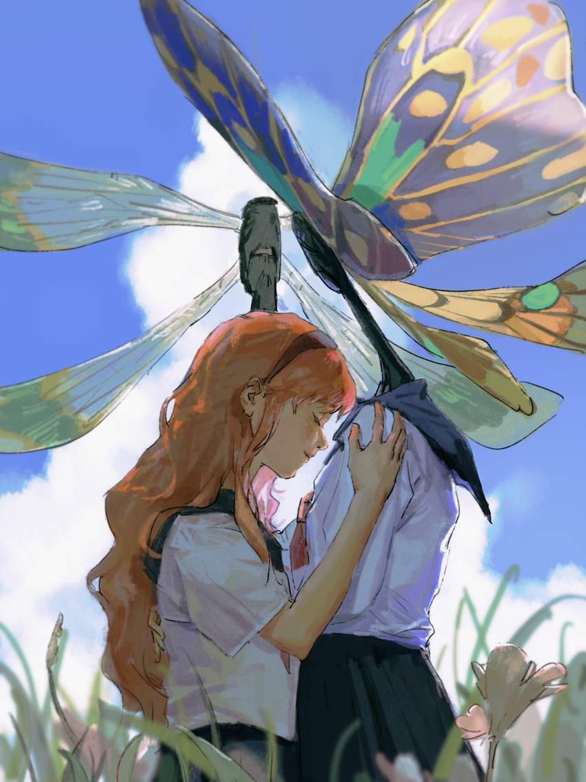 2girls arthropod_girl bangs blurry blush character_request closed_eyes day depth_of_field facing_another frill_(wonder_egg_priority) hairband hand_on_another's_shoulder hand_up highres insect_wings ling5707 long_hair long_sleeves multiple_girls nature outdoors profile school_uniform serafuku short_hair skirt sky smile upper_body wings wonder_egg_priority