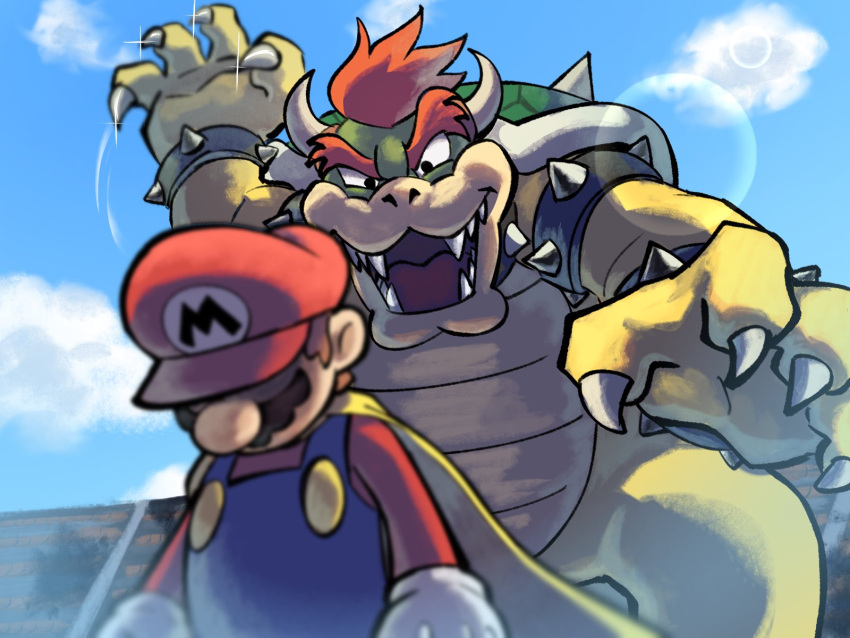 1boy blue_overalls bowser bracelet cape facial_hair gloves hat highres jewelry mario mario_(series) mustache open_mouth outdoors overalls red_hair red_headwear red_shirt sharp_teeth shirt spiked_bracelet spikes super_mario_bros_z teeth white_gloves ya_mari_6363 yellow_cape