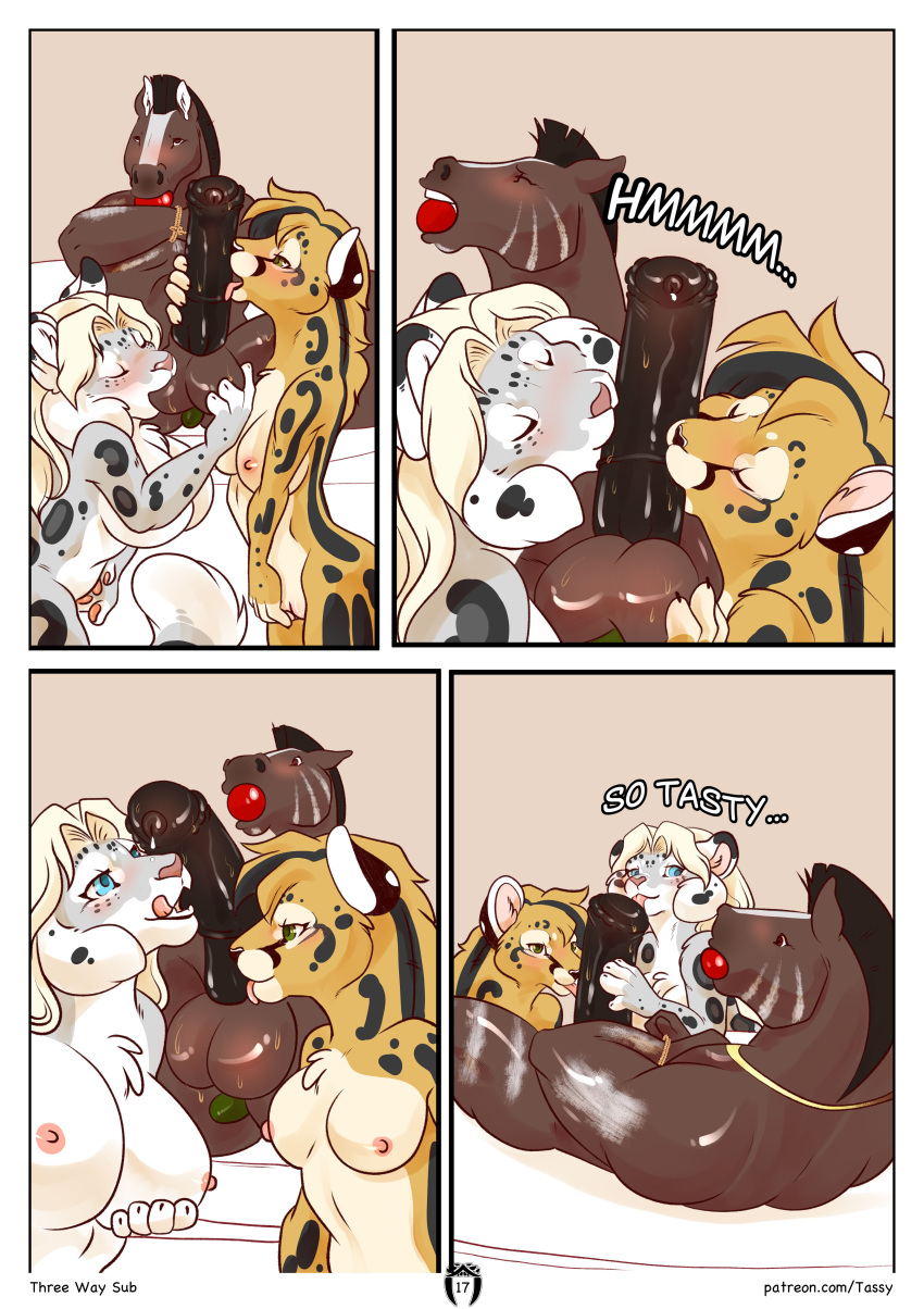 absurd_res anthro apple_in_mouth big_breasts blonde_hair breasts brown_body brown_fur brown_stripes cheetah claire_(tfp) comic cooking cooking_with_furs dialogue english_text equid equine felid feline female food food_fetish food_play fur genitals green_eyes hair hi_res horse male mammal masturbation pantherine penis pussy reiver_(character) samantha_(tfp) snow_leopard stripes tassy_(artist) text the_fangs_palace vaginal vaginal_masturbation