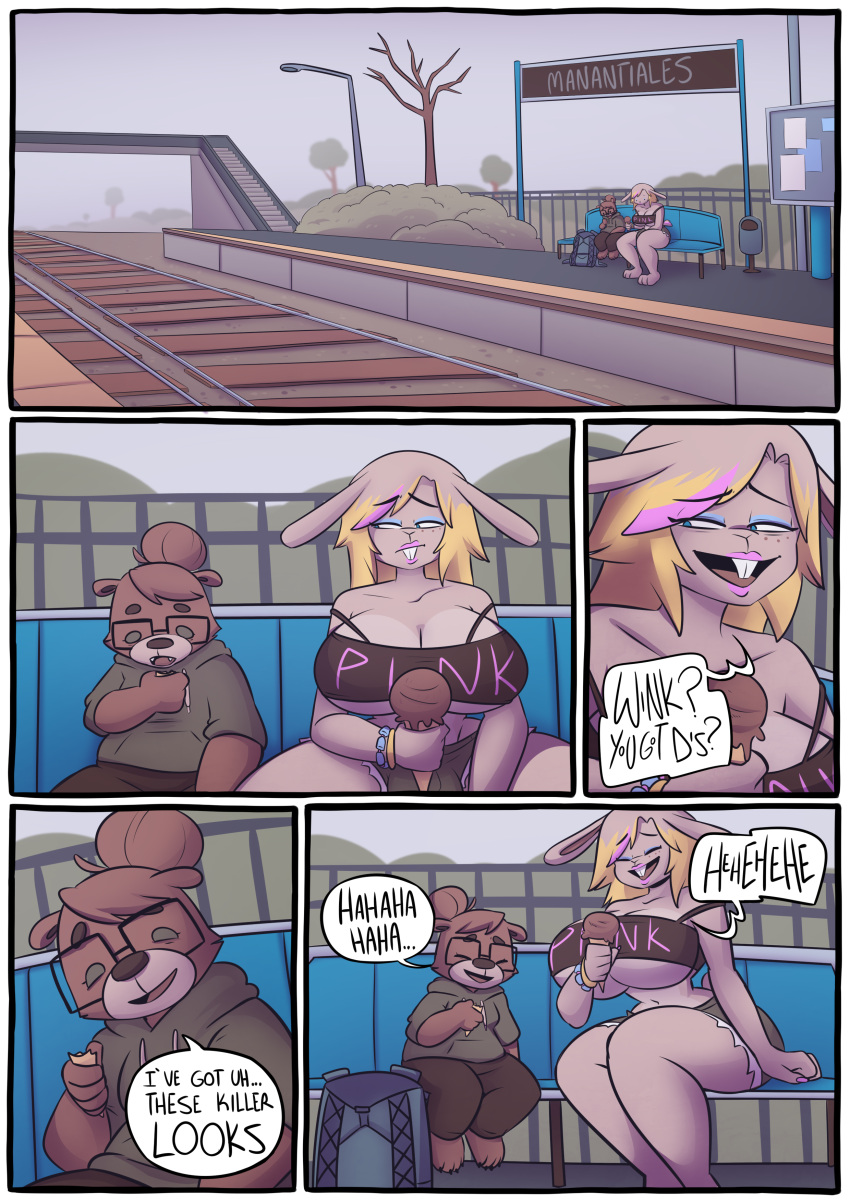 2020 absurd_res anthro backpack bear bench best_friends big_breasts big_bulge blonde_hair blonde_highlights bottomwear breasts brown_body brown_fur brown_hair buckteeth bulge cerealharem_(artist) claws cleavage clothed clothing colored_nails comic crop_top curvaceous curvy_figure cutoffs denim denim_clothing dessert detailed_background dialogue digital_drawing_(artwork) digital_media_(artwork) dot_eyes duo english_text eyelashes eyes_closed eyeshadow eyewear feet female fingers floppy_ears food fur glasses gynomorph hair hi_res highlights_(coloring) hoodie hourglass_figure huge_breasts ice_cream intersex lagomorph laugh leporid lips long_ears makeup mammal midriff multicolored_body multicolored_fur multicolored_hair nails navel off_shoulder open_mouth outside pink_hair pink_highlights pink_lips pink_nails pork_(cerealharem) rabbit shirt shorts simple_eyes sitting skimpy small_waist smile tan_body tan_fur teal_eyes teeth text thick_thighs toe_claws toes tongue topwear train_station two_tone_body two_tone_fur under_boob v-cut voluptuous webcomic wide_hips wink_(pork_eh)