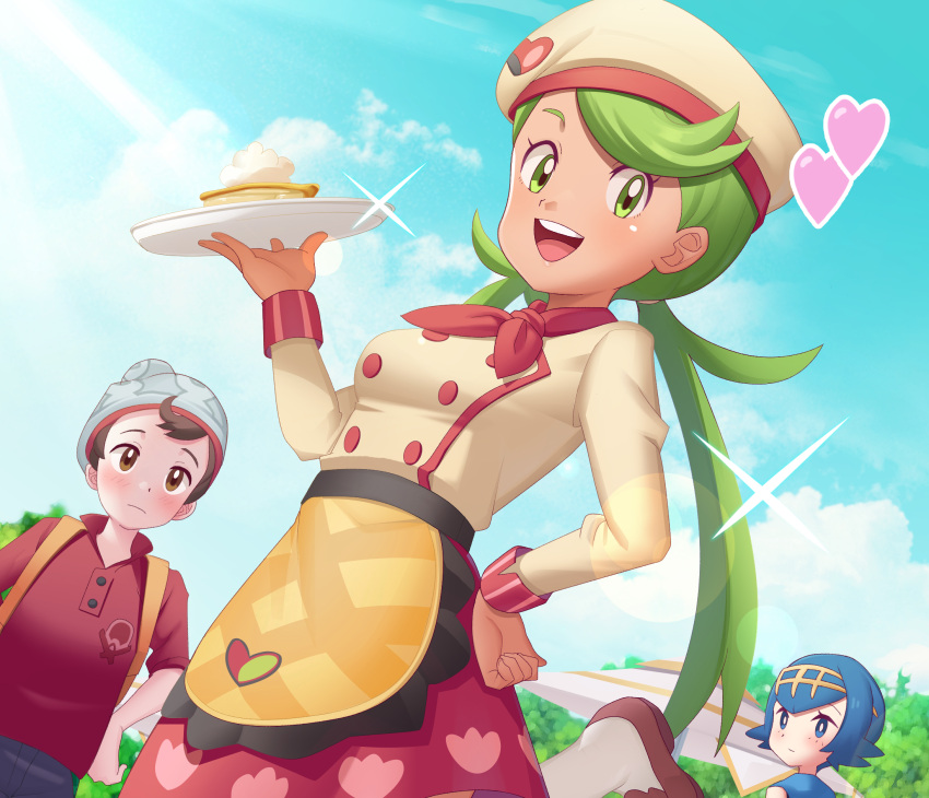 1boy 2girls apron bangs beanie blue_eyes blue_hair blush breasts bright_pupils brown_eyes brown_footwear brown_hair buttons chef_hat closed_mouth cloud collared_shirt commentary_request day double-breasted gazing_eye green_eyes green_hair grey_headwear hairband hand_on_hip hand_up hat heart highres holding holding_tray lana_(pokemon) leg_up long_hair long_sleeves looking_at_viewer mallow_(palentine's_2023)_(pokemon) mallow_(pokemon) multiple_girls no_sclera official_alternate_costume outdoors pokemon pokemon_(game) pokemon_masters_ex pokemon_sm pokemon_swsh red_shirt shirt shoes short_hair skirt sky smile swept_bangs tray twintails victor_(pokemon) waist_apron white_pupils yellow_apron yellow_hairband