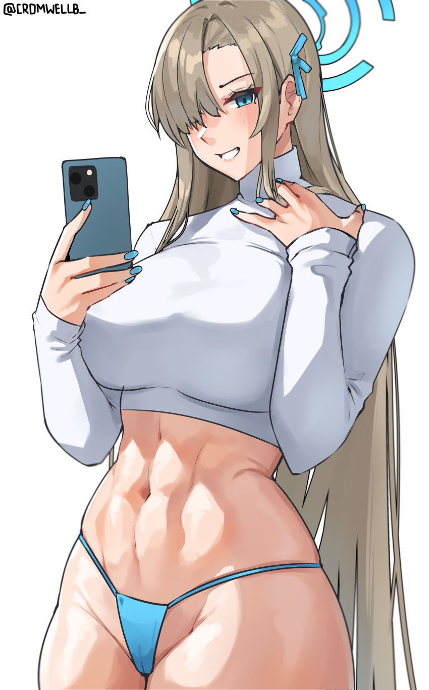 1girl :d abs absurdres asuna_(blue_archive) bikini bikini_bottom_only blue_archive blue_bikini blue_eyes blue_nails blush breasts brown_hair cameltoe cellphone cowboy_shot cromwellb crop_top fingernails grin hair_over_one_eye halo highres large_breasts long_fingernails long_hair long_sleeves looking_at_viewer nail_polish navel parted_lips phone shirt smartphone smile solo stomach swimsuit toned twitter_username very_long_hair white_shirt