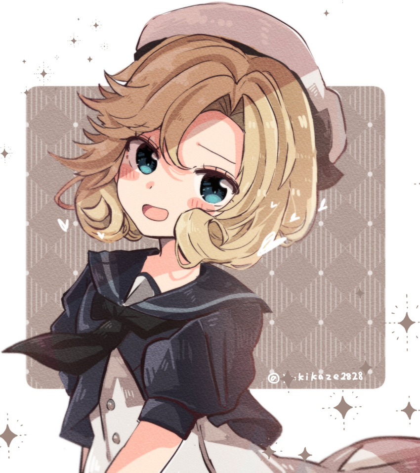 1girl bangs black_jacket black_sailor_collar blonde_hair blue_eyes blush_stickers cropped_jacket dress hat highres jacket janus_(kancolle) kantai_collection looking_at_viewer open_mouth parted_bangs sailor_collar sailor_dress sailor_hat solo twitter_username upper_body white_headwear yukikaze2828