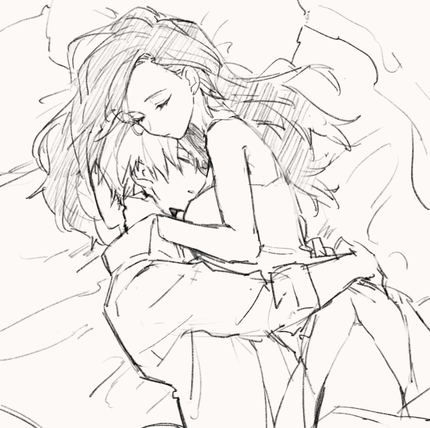 1boy 1girl bangs boku_no_hero_academia closed_eyes hair_down hand_on_another's_neck hand_on_another's_waist highres honwaka_zz hug simple_background sketch sleeping sleeping_on_person todoroki_shouto white_background yaoyorozu_momo